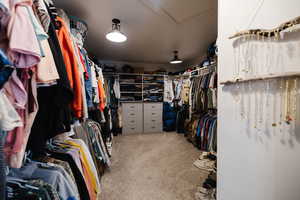 Walk in closet with light carpet and attic access