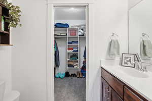 Bathroom with vanity, carpet, and a textured ceiling