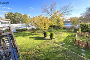 Fenced backyard featuring a swimming pool
