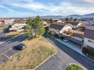 Aerial view of residential area with mountains