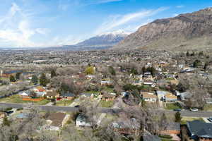 Aerial perspective of suburban area featuring mountains