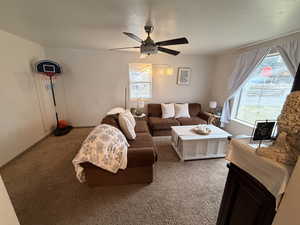 Living area featuring ceiling fan, carpet flooring, and a textured ceiling