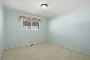 Bedroom featuring carpet flooring and crown molding