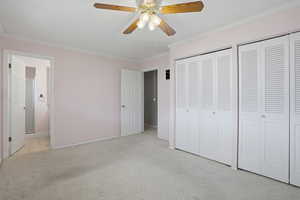 Bedroom with multiple closets, light carpet, crown molding, ceiling fan, and ensuite bath