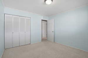 Bedroom featuring crown molding, carpet, and a closet
