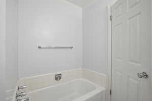 Full bathroom with crownmolding and a bath