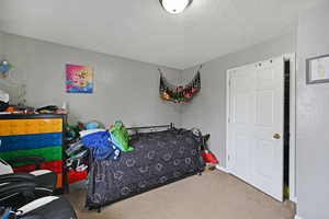 Carpeted bedroom featuring a textured ceiling and a textured wall