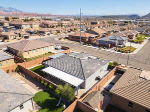 Aerial perspective of suburban area with mountains