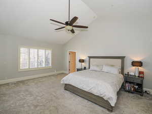 Bedroom featuring carpet, ceiling fan, and a high ceiling