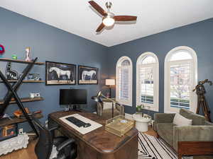 Home office featuring wood finished floors and a ceiling fan