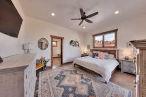 Primary Bedroom with a ceiling fan and recessed lighting