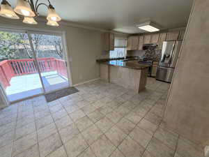 Large Dining area with sliding door leading to back deck. Peninsula with granite counter tops and snack bar.