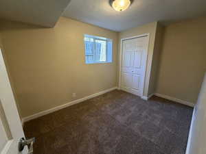 5th basement bedroom with dark colored carpet and a closet