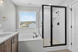 Bathroom featuring vanity, a garden tub, and a stall shower
