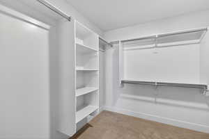 Walk in closet with light carpet