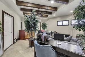 Office featuring beam ceiling, recessed lighting, and ceiling fan