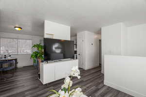 Living room featuring dark wood-type flooring and a textured ceiling