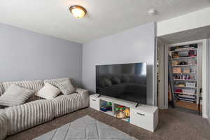 Carpeted living room featuring a textured ceiling