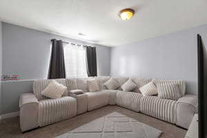 Carpeted living room featuring a textured ceiling