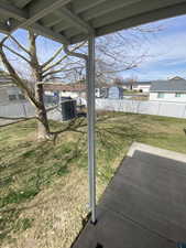Fenced backyard featuring a storage shed and a residential view