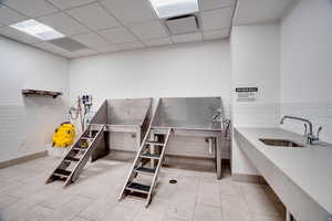 Misc room with a drop ceiling, a wainscoted wall, pet washing station, and tile walls