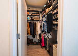 Walk in closet with light wood-style flooring