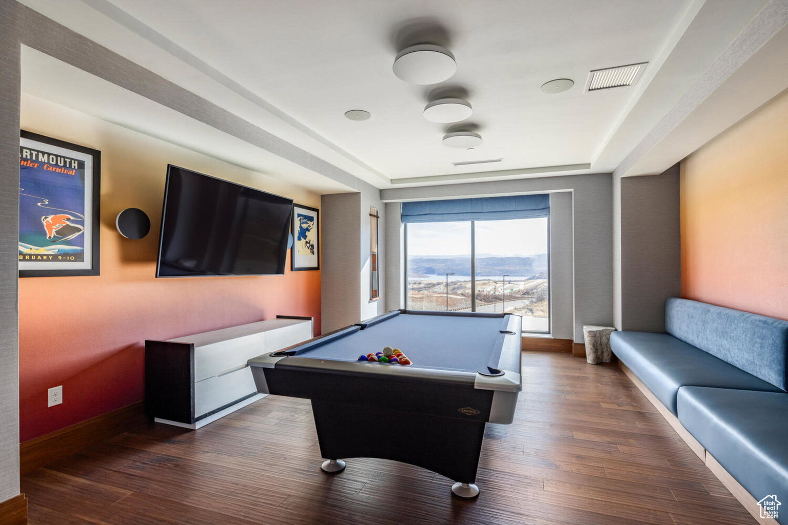 Playroom featuring pool table and dark wood finished floors