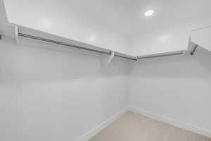 Walk in closet with light colored carpet