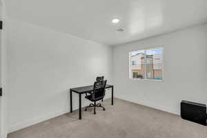 Office space featuring light carpet and a textured ceiling
