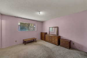 Bedroom featuring a textured ceiling and light colored carpet