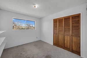 Unfurnished bedroom featuring a closet, carpet flooring, and a textured ceiling