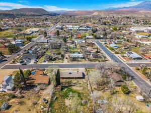 Aerial view of residential area with mountains