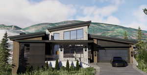 Modern home with stone siding, a mountain view, concrete driveway, and an attached garage
