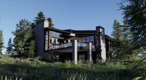 Rear view of house featuring a chimney and a wooden deck