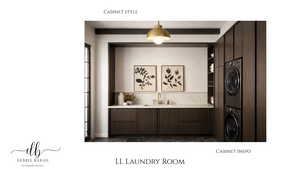 Laundry area with stacked washer / drying machine and beamed ceiling