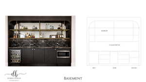 Indoor bar with beverage cooler, open shelves, stainless steel microwave, and dark stone countertops