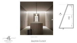 Interior space featuring modern cabinets, decorative light fixtures, and a kitchen island