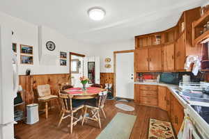 Kitchen featuring wood finish cabinets, wainscoting, dark wood-style flooring, white appliances, and wood walls
