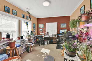 Home office featuring light carpet and crown molding