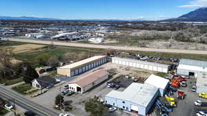 Aerial view of industrial structures and mountains