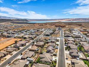Aerial view of residential area with a water and mountain view