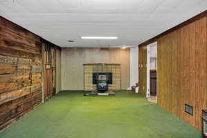 Basement featuring wood walls, carpet floors, and a wood stove