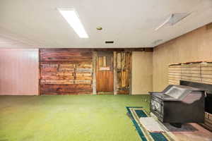Basement with a wood stove, wood walls, and carpet floors