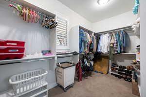 Walk in closet featuring light colored carpet