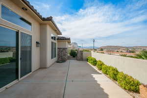 View of patio with a mountain view