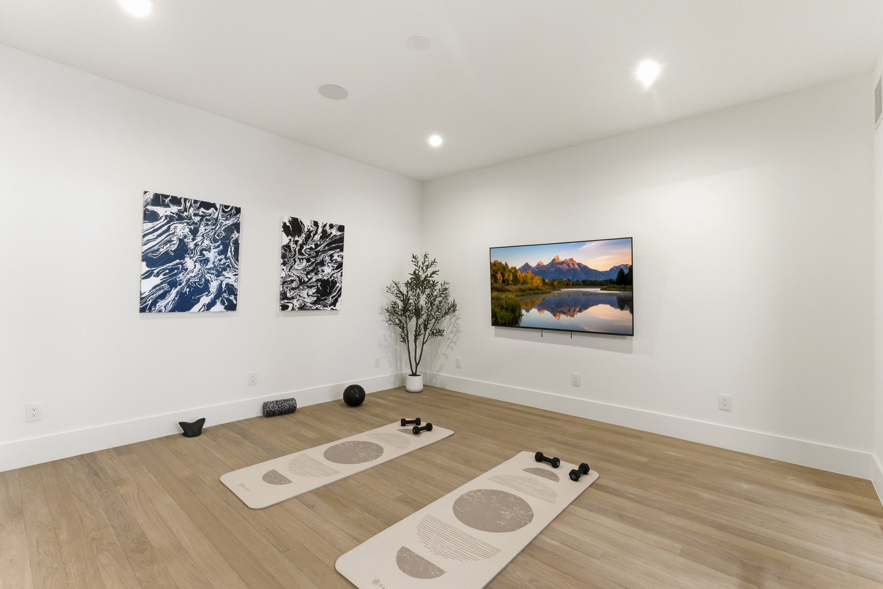 Spacious room featuring light wood-finish flooring, recessed lighting, and a wall-mounted display