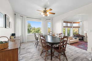 Formal dining room with wood tiled floors, ceiling fan, and arched walkways