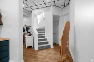 Staircase with a paneled ceiling and wood finished floors