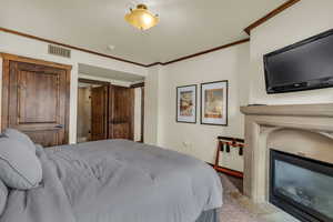 Bedroom featuring ornamental molding and a glass covered fireplace