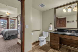 Ensuite bathroom with vanity, a textured ceiling, and light carpet